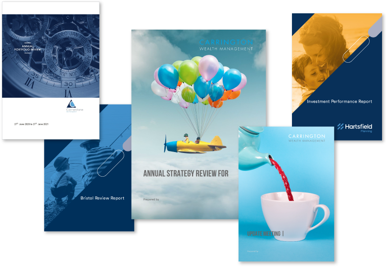 Illustration of 5 example client report covers showing the customisation available in Fastrak reporting software
